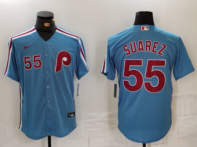 Men Philadelphia Phillies #55 Suarez Blue Throwback 2024 Nike MLB Jersey style 729